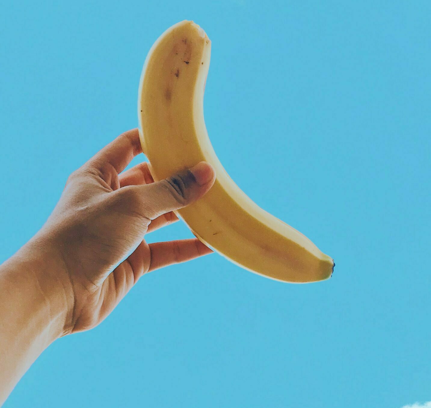 A hand holding a banana up to a blue background.