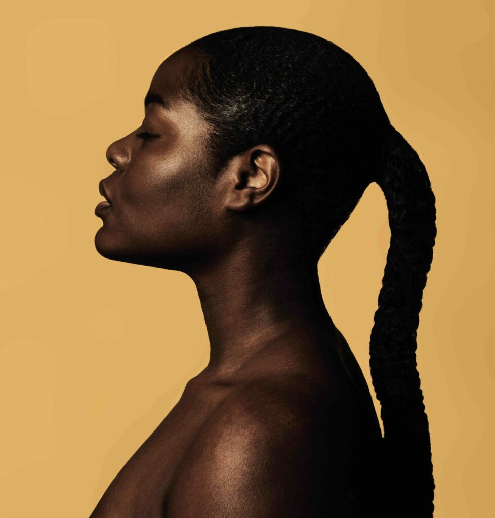 The profile of a woman with beautful healthy skin.